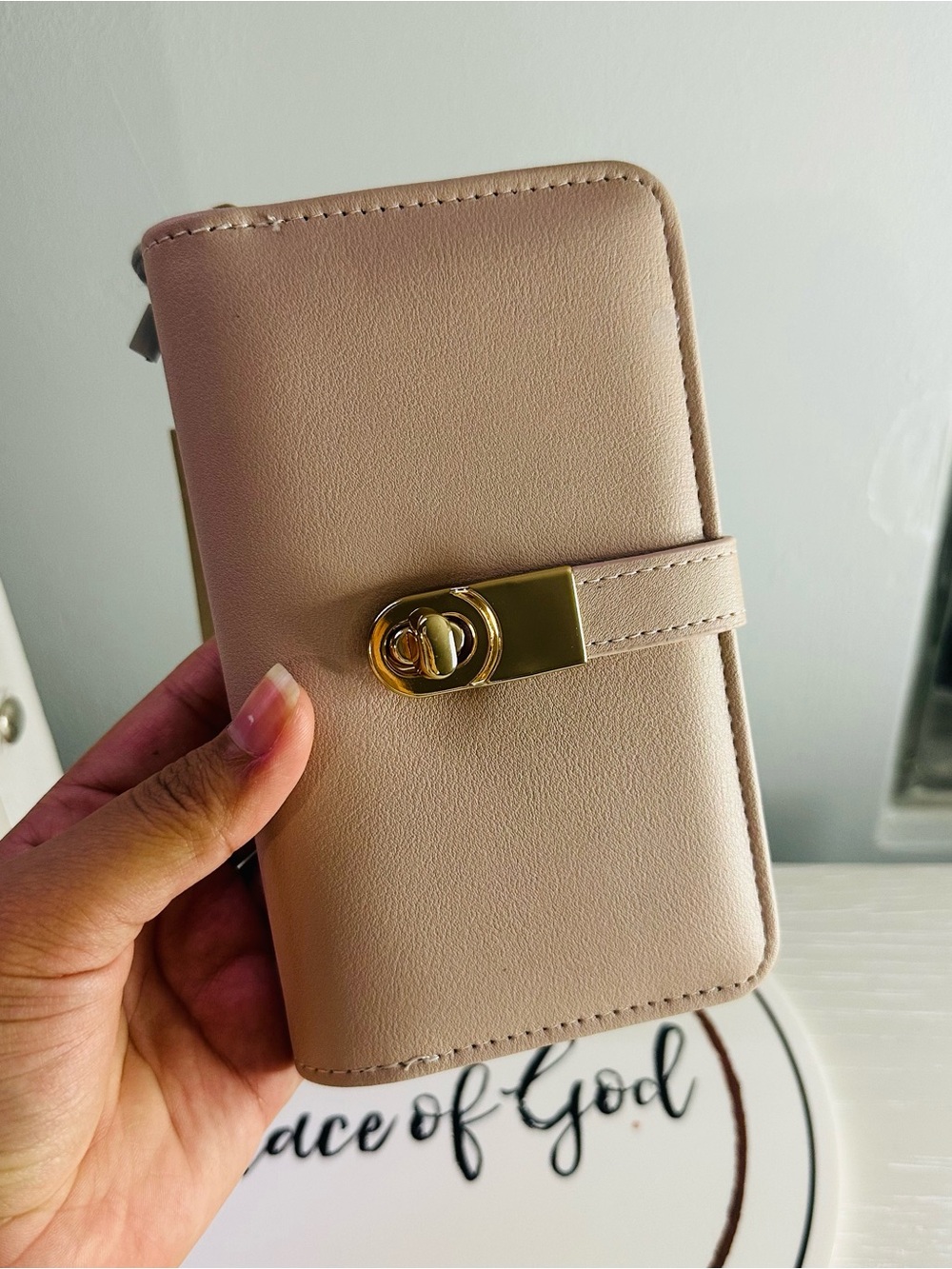Neutral Beige Wallet Clutch with Gold Turn-Lock